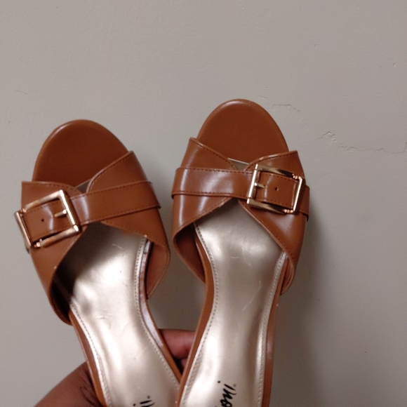 Fioni Camel Colored Brown Faux Leather Buckle Open Toe Heeled Mules 6 - Picture 6 of 13